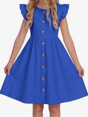Girls' Bright Blue Button-Front Flutter Sleeve Dress
